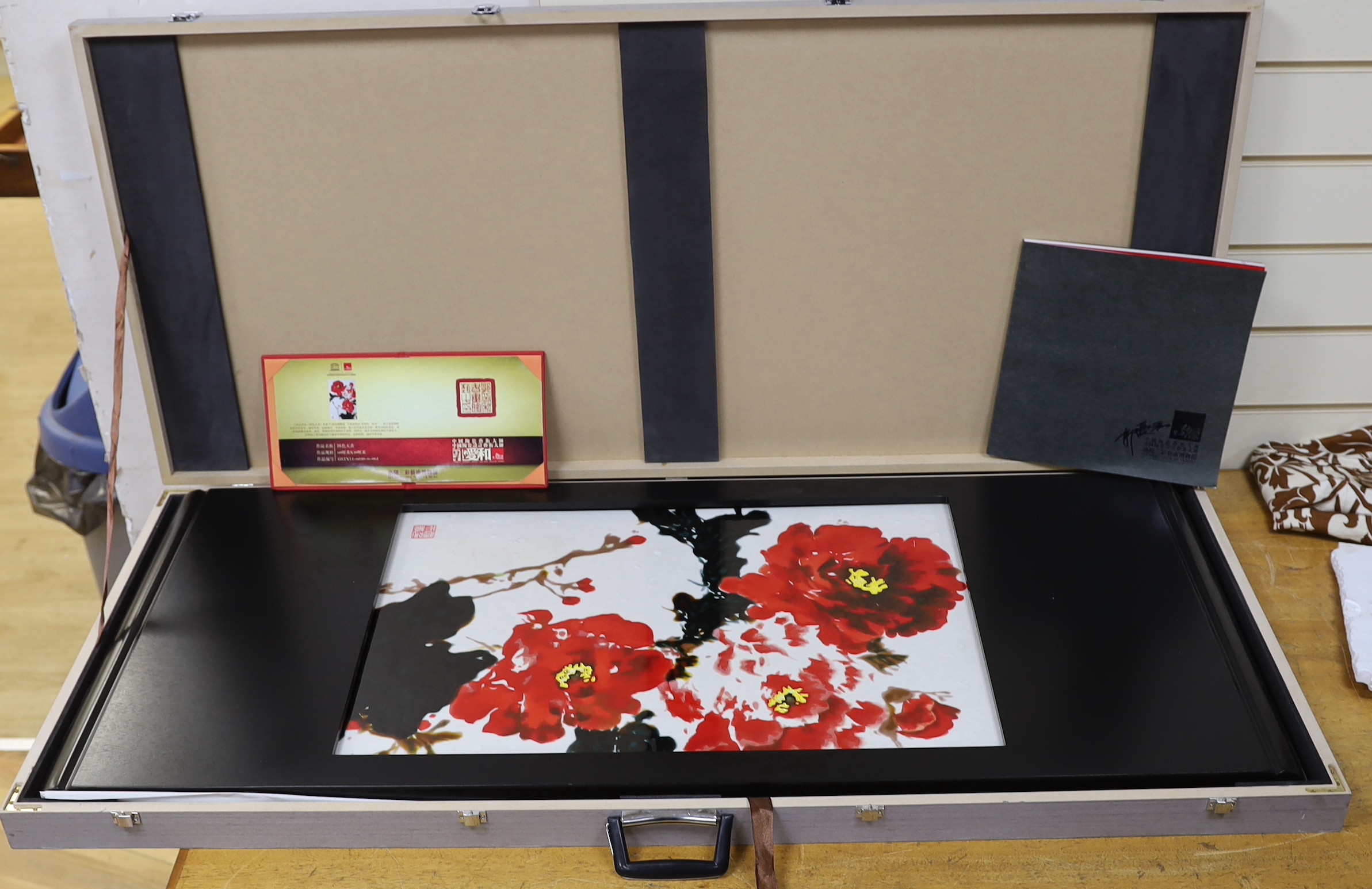 A pair of framed Chinese Sancai Art panels, cased with certificates and booklets, panels 60 x 40cm excluding frame. Condition - good